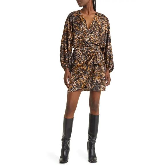 Floret Studios Abstract Print Satin Faux Wrap Balloon Sleeve Dress SZ XS - Picture 1 of 16